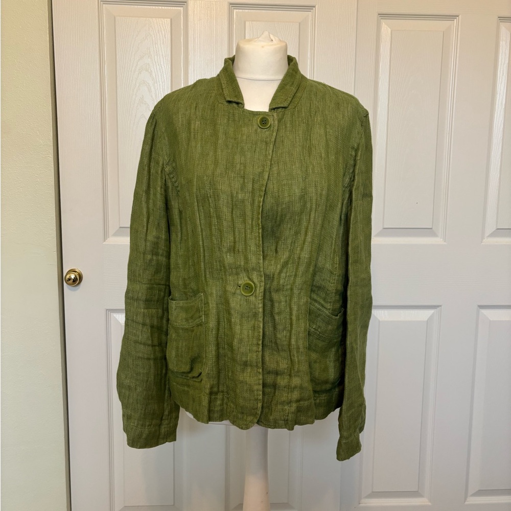 Eileen Fisher Linen Stand Collar Jacket Green Size Large Lightweight Big Buttons